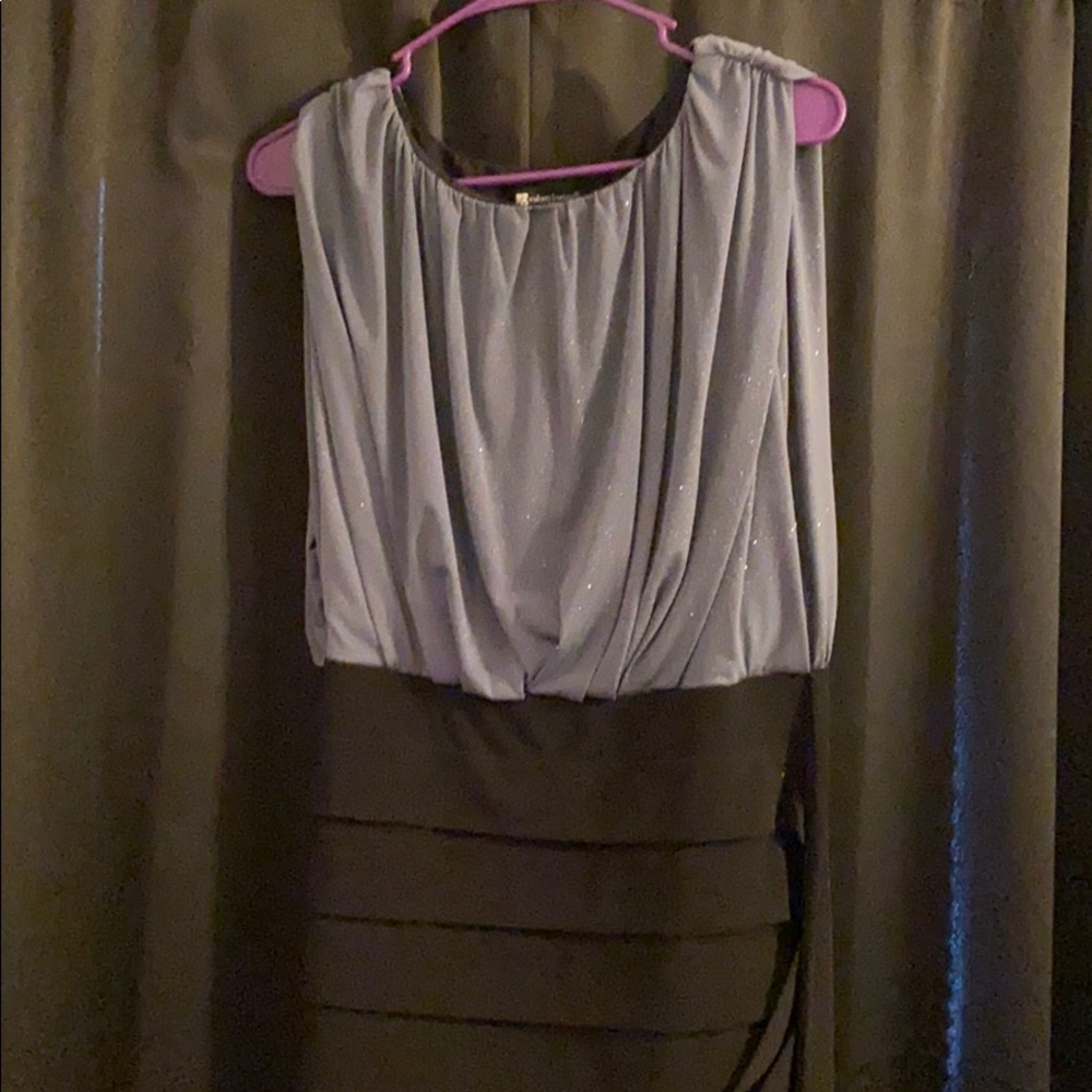 Silver/glitter and black pleated dress.